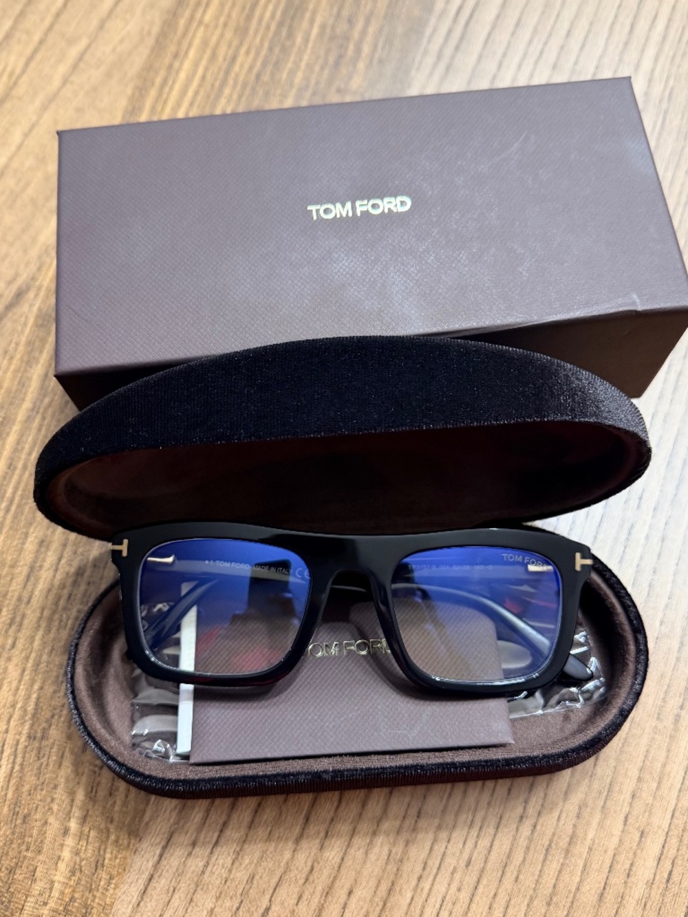 Tom Ford Black Rectangular Full Rim Blue Block Eyeglasses Frames w/ Case & Box